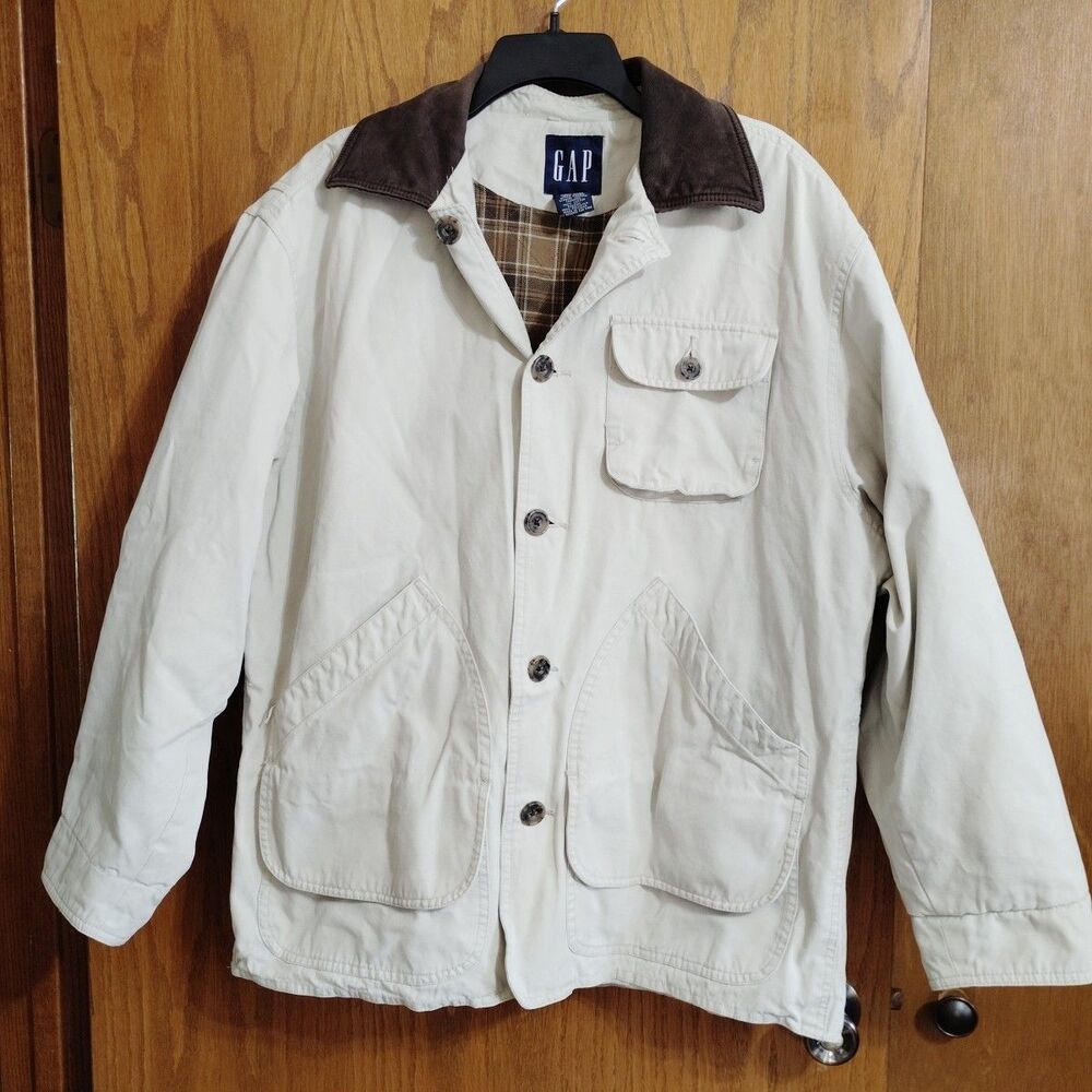 Vintage GAP Chore Jacket MEDIUM Beige Barn Coat Leather Collar Pockets